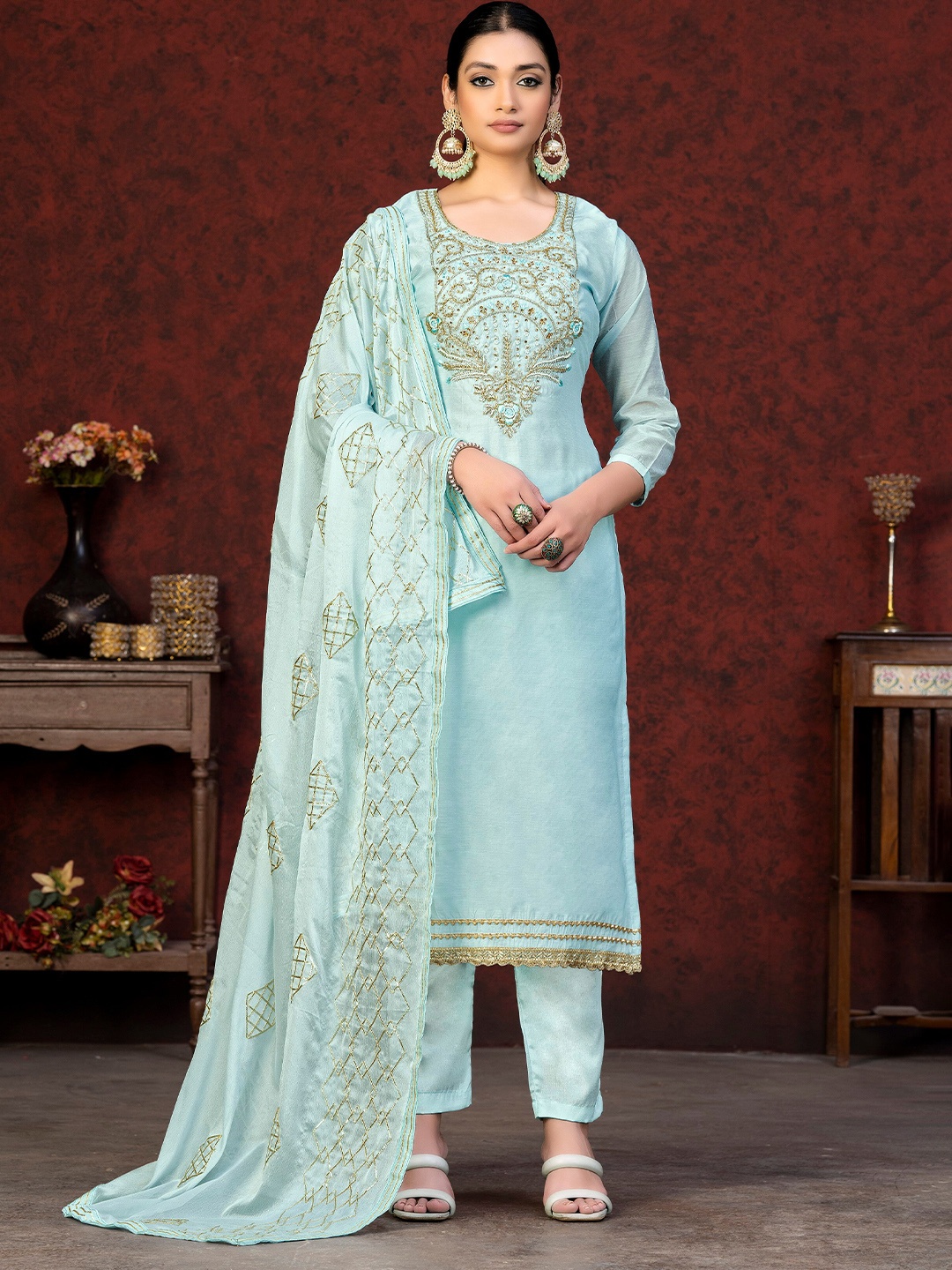 

KALINI Embellished Unstitched Dress Material, Blue