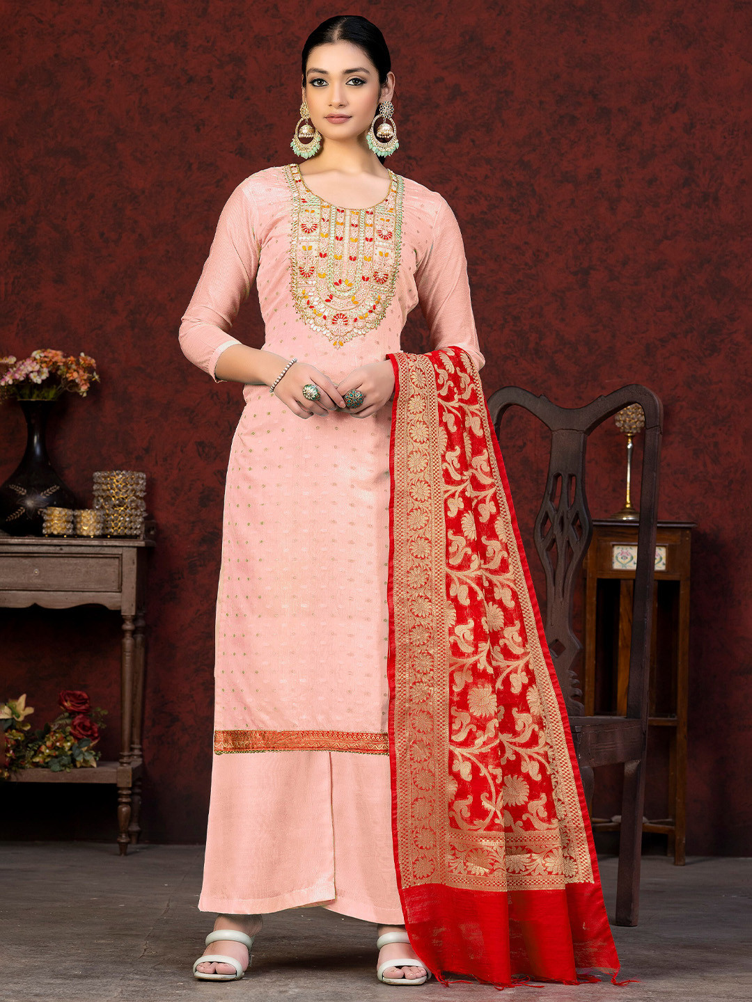 

KALINI Unstitched Dress Material, Peach