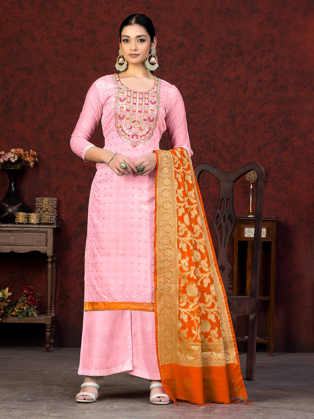

KALINI Woven Design Unstitched Dress Material, Pink