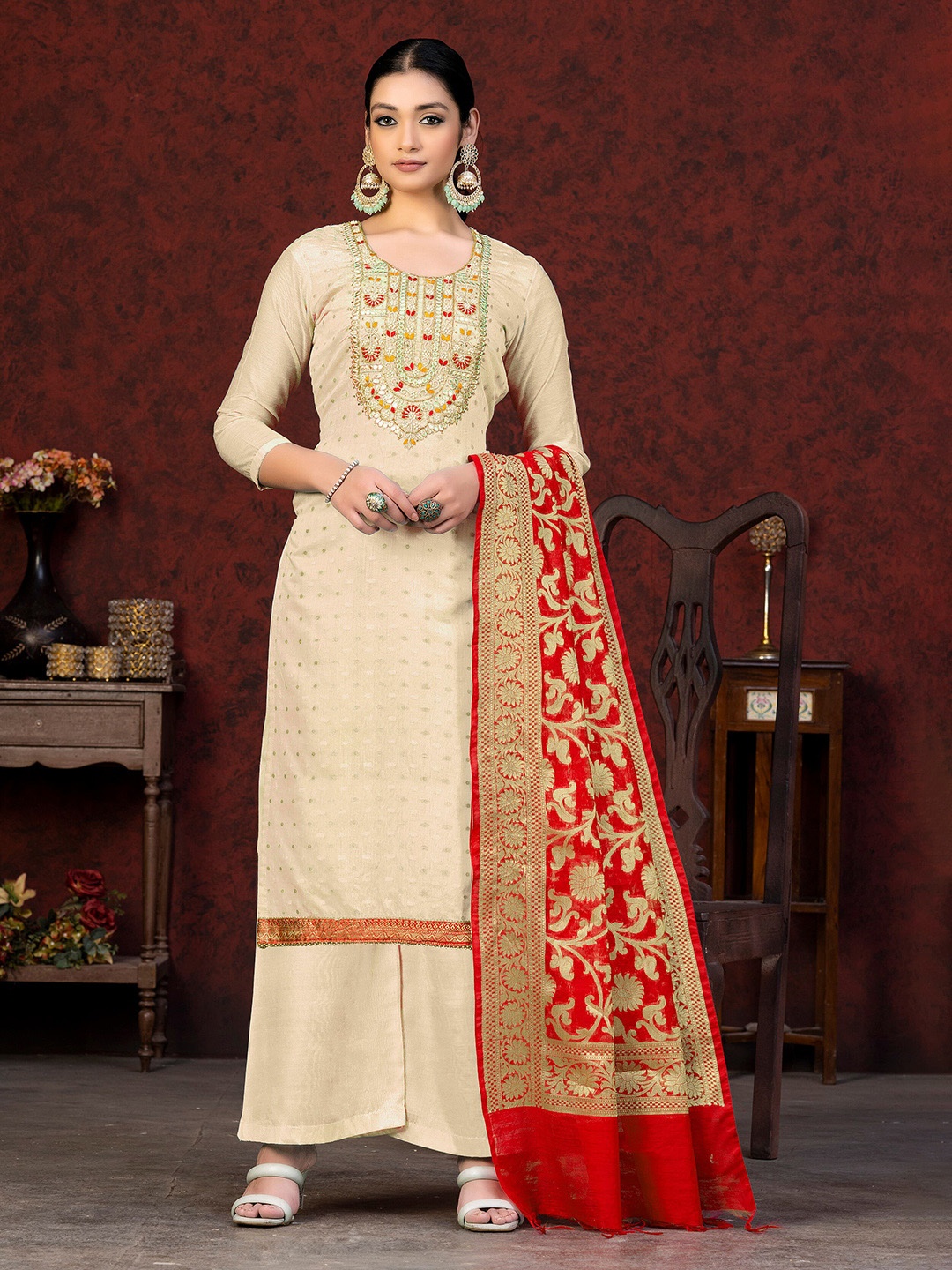 

KALINI Woven Design Unstitched Dress Material, Cream