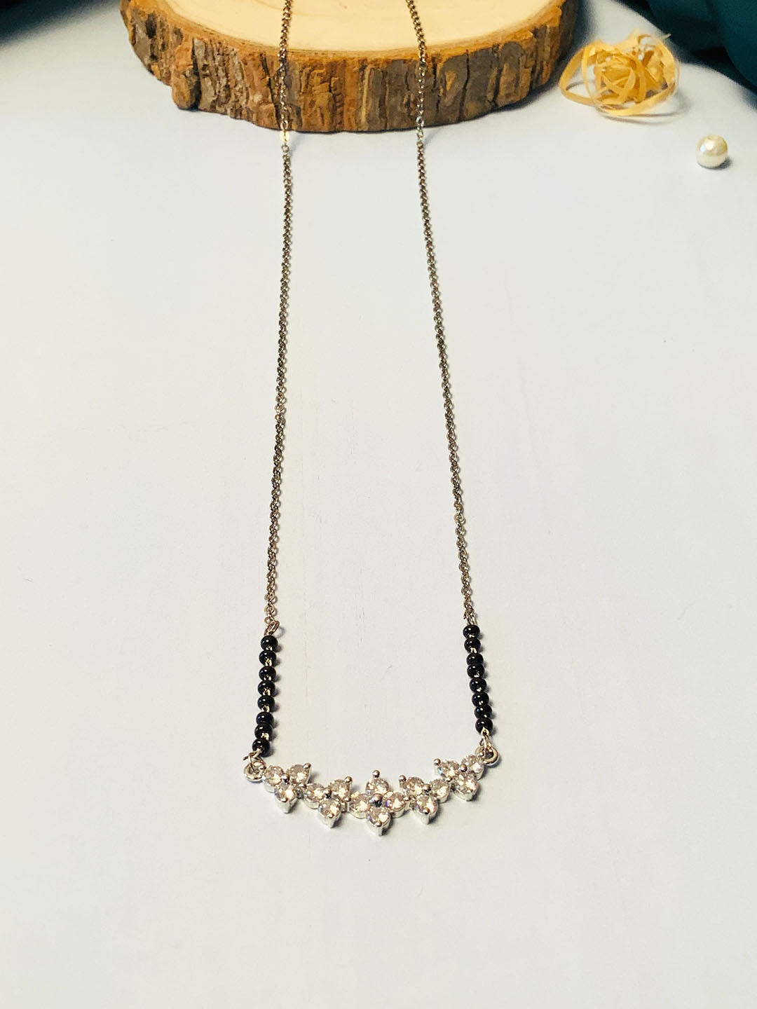 

ABDESIGNS Silver-Plated American Diamond Beaded Mangalsutra