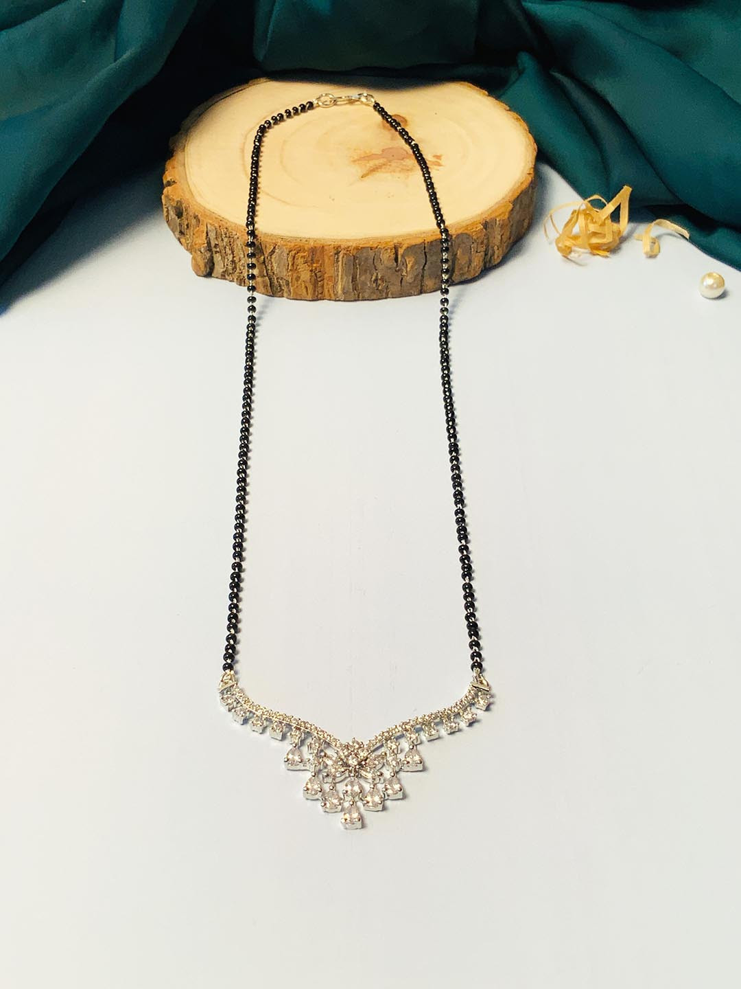 

ABDESIGNS Silver Plated American Diamond Studded & Beaded Mangalsutra