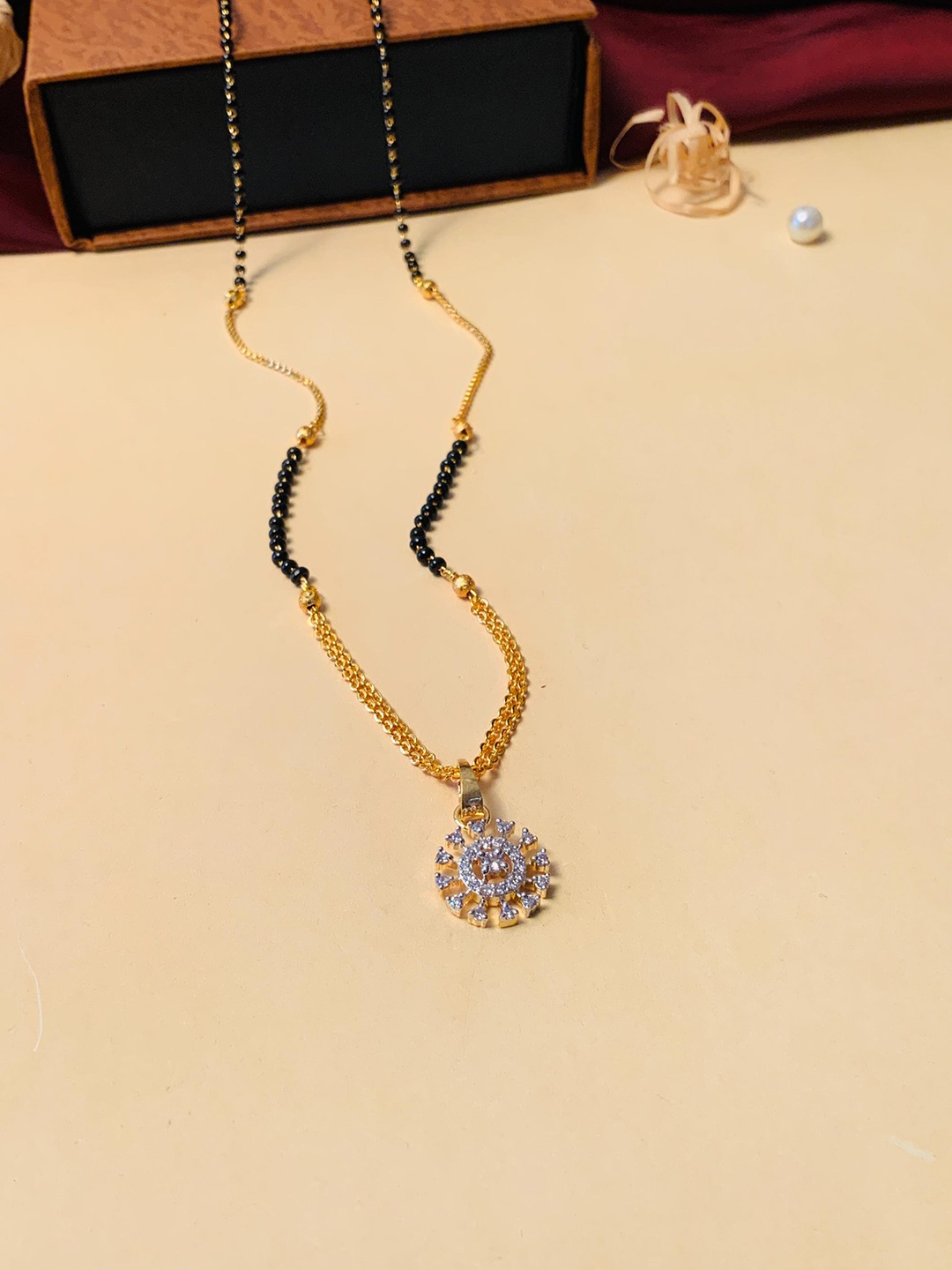 

ABDESIGNS Gold Plated American Diamond Studded & Beaded Mangalsutra