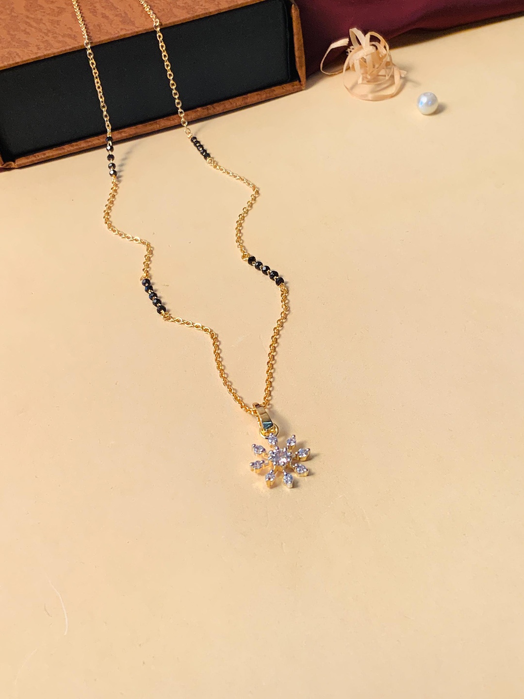 

ABDESIGNS Gold-Plated American Diamond-Studded & Beaded Mangalsutra