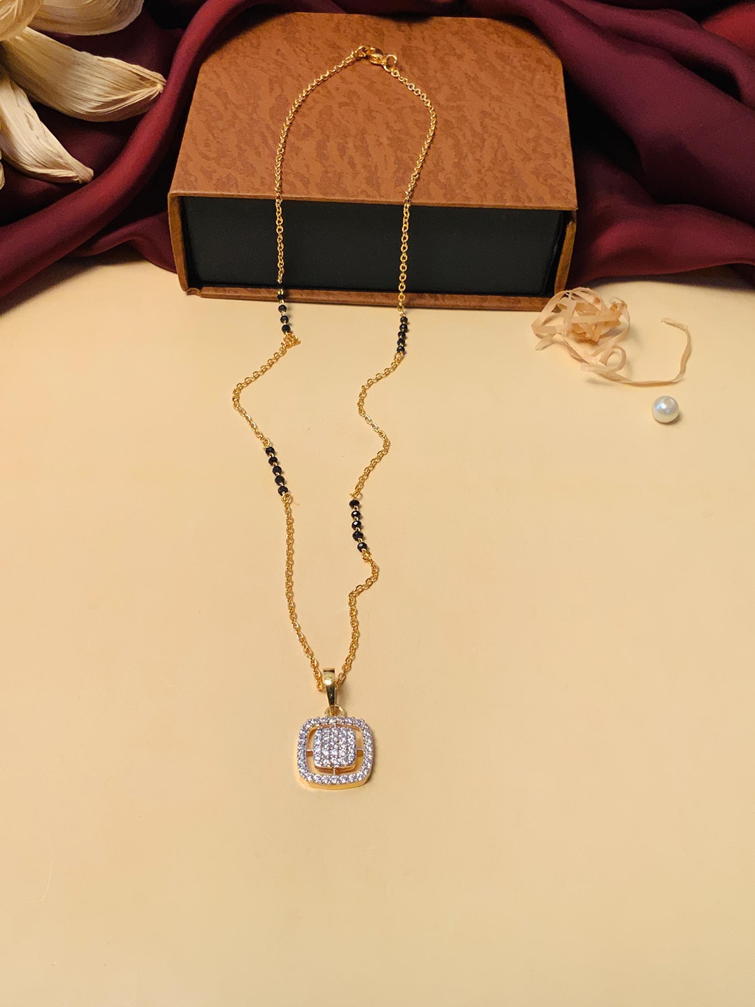 

ABDESIGNS Gold-Plated American Diamond-Studded & Beaded Mangalsutra