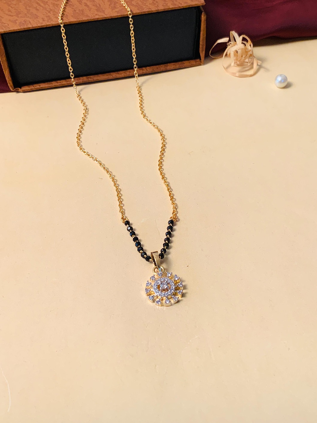 

ABDESIGNS Gold-Plated American Diamond-Studded & Beaded Mangalsutra