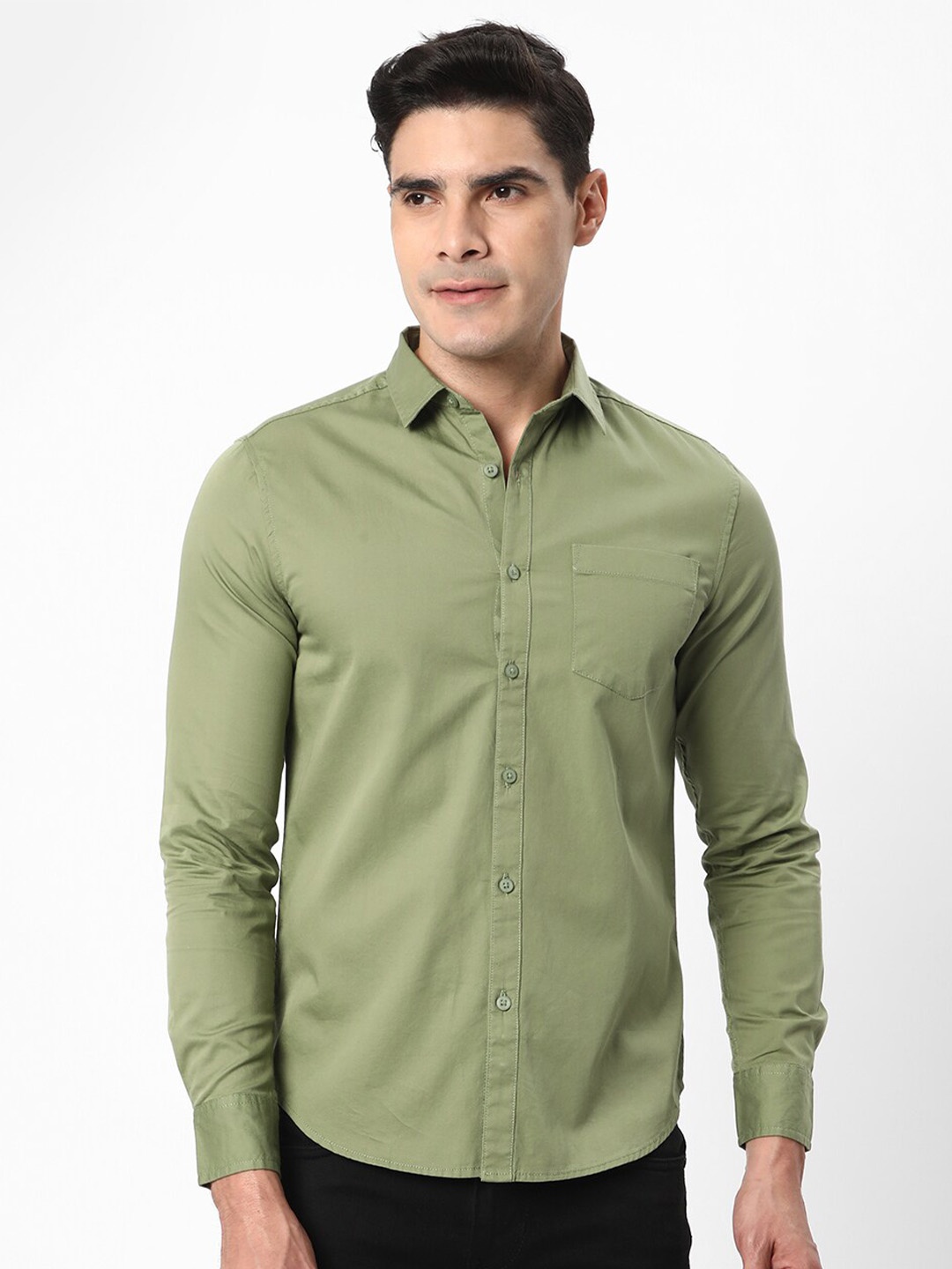 

R&B Spread Collar Cotton Casual Shirt, Green