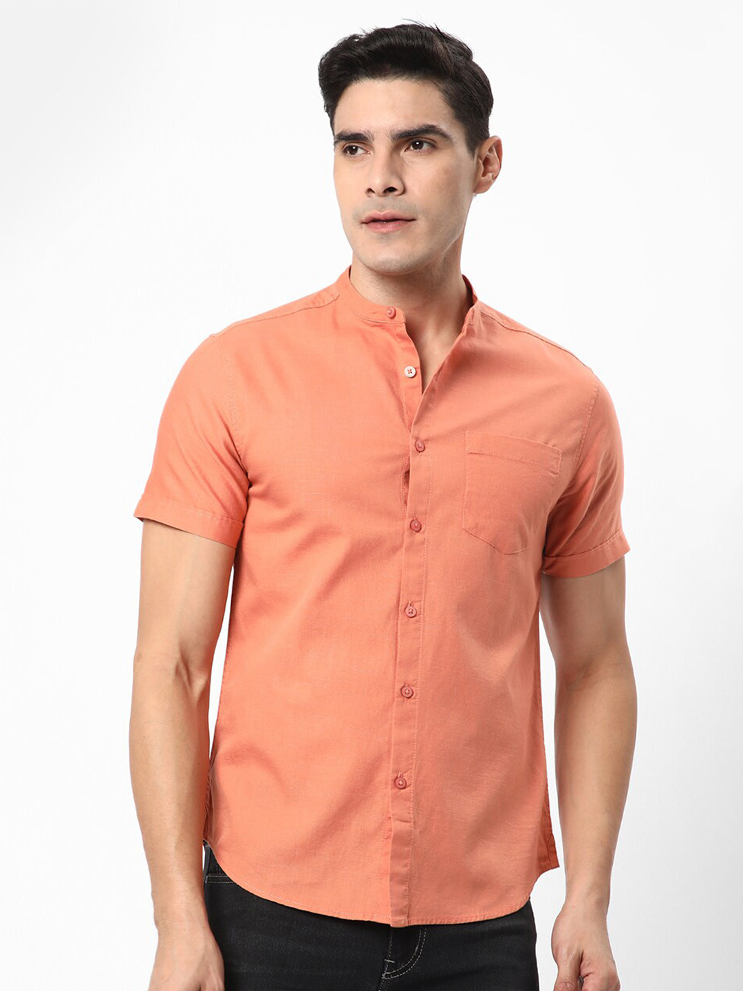 

R&B Mandarin Collar Cotton Casual Shirt, Peach