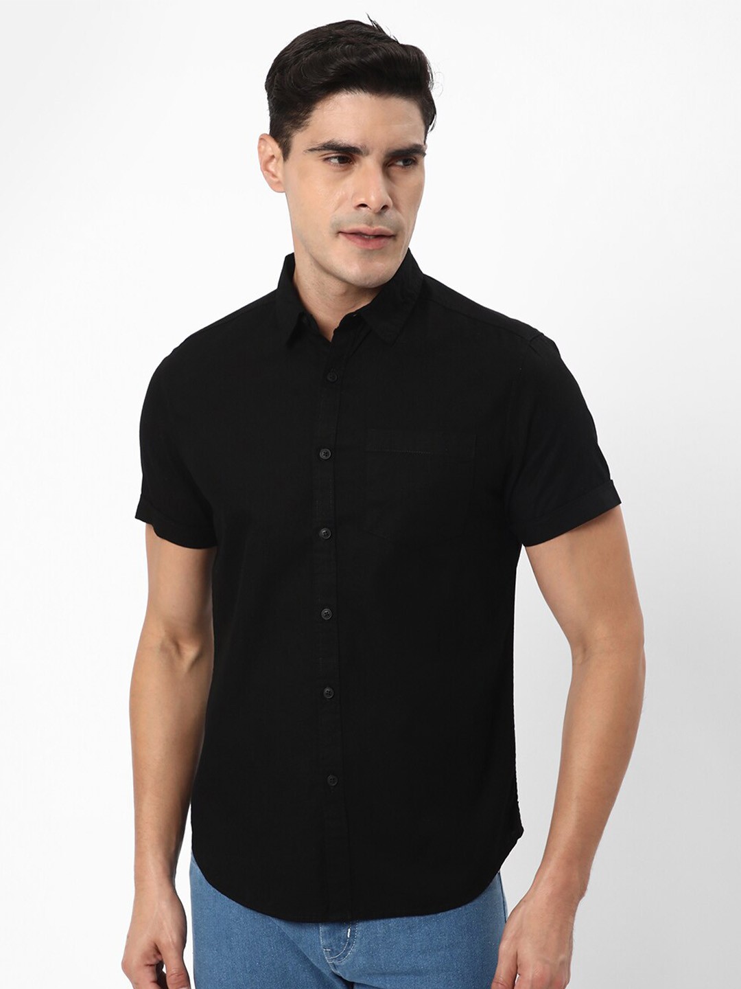 

R&B Spread Collar Cotton Casual Shirt, Black
