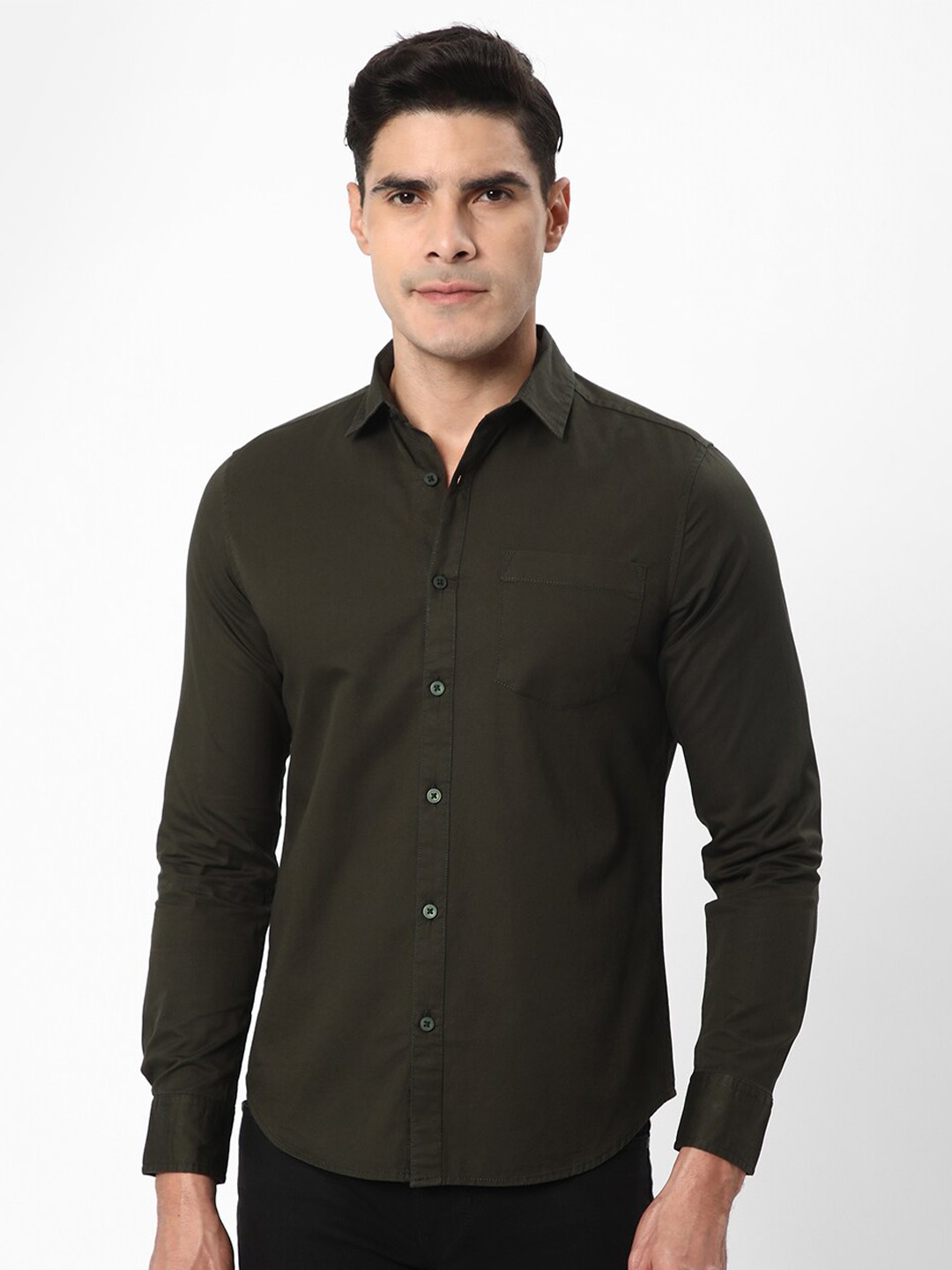 

R&B Spread Collar Cotton Casual Shirt, Olive