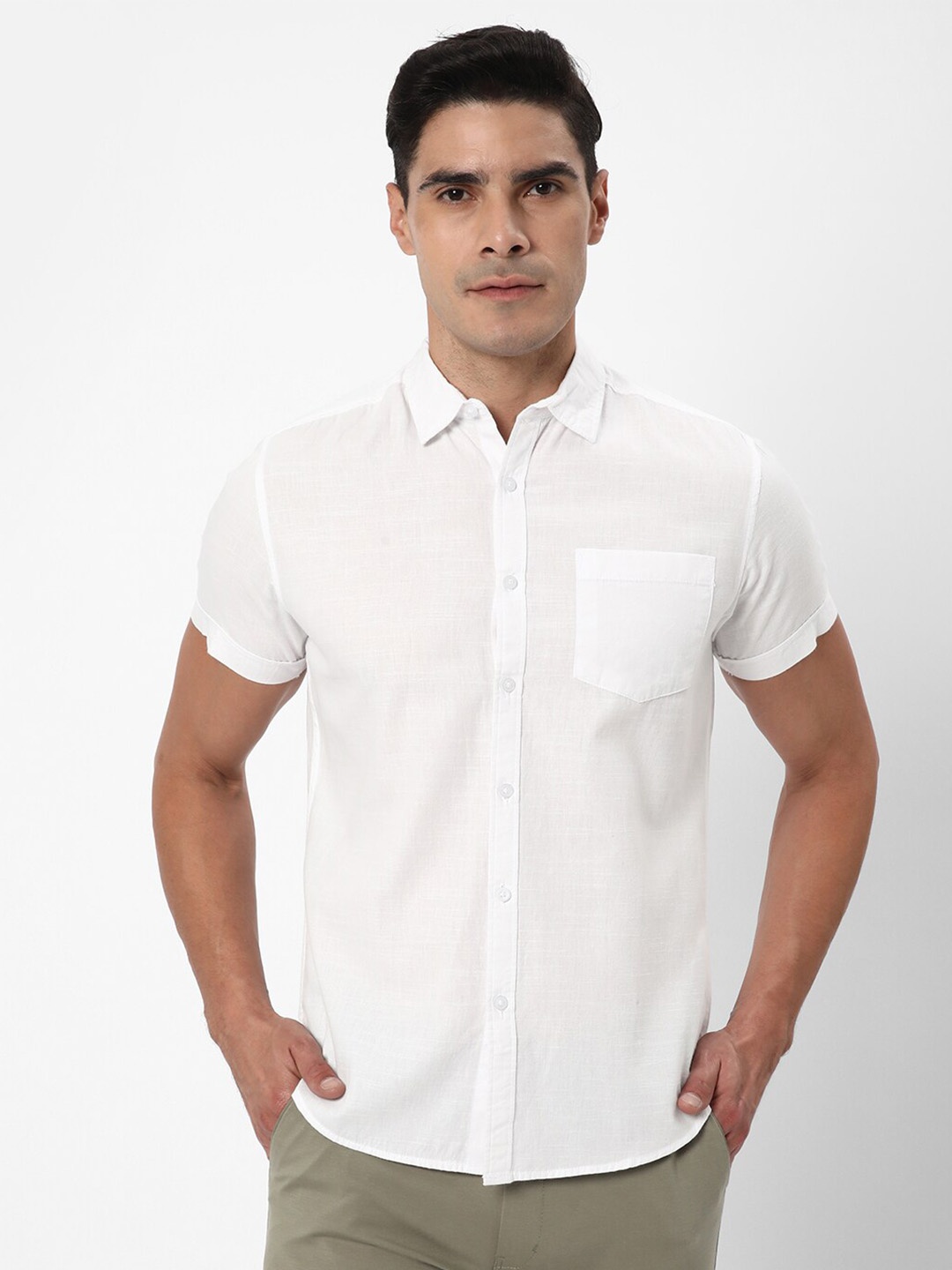 

R&B Spread Collar Cotton Casual Shirt, White