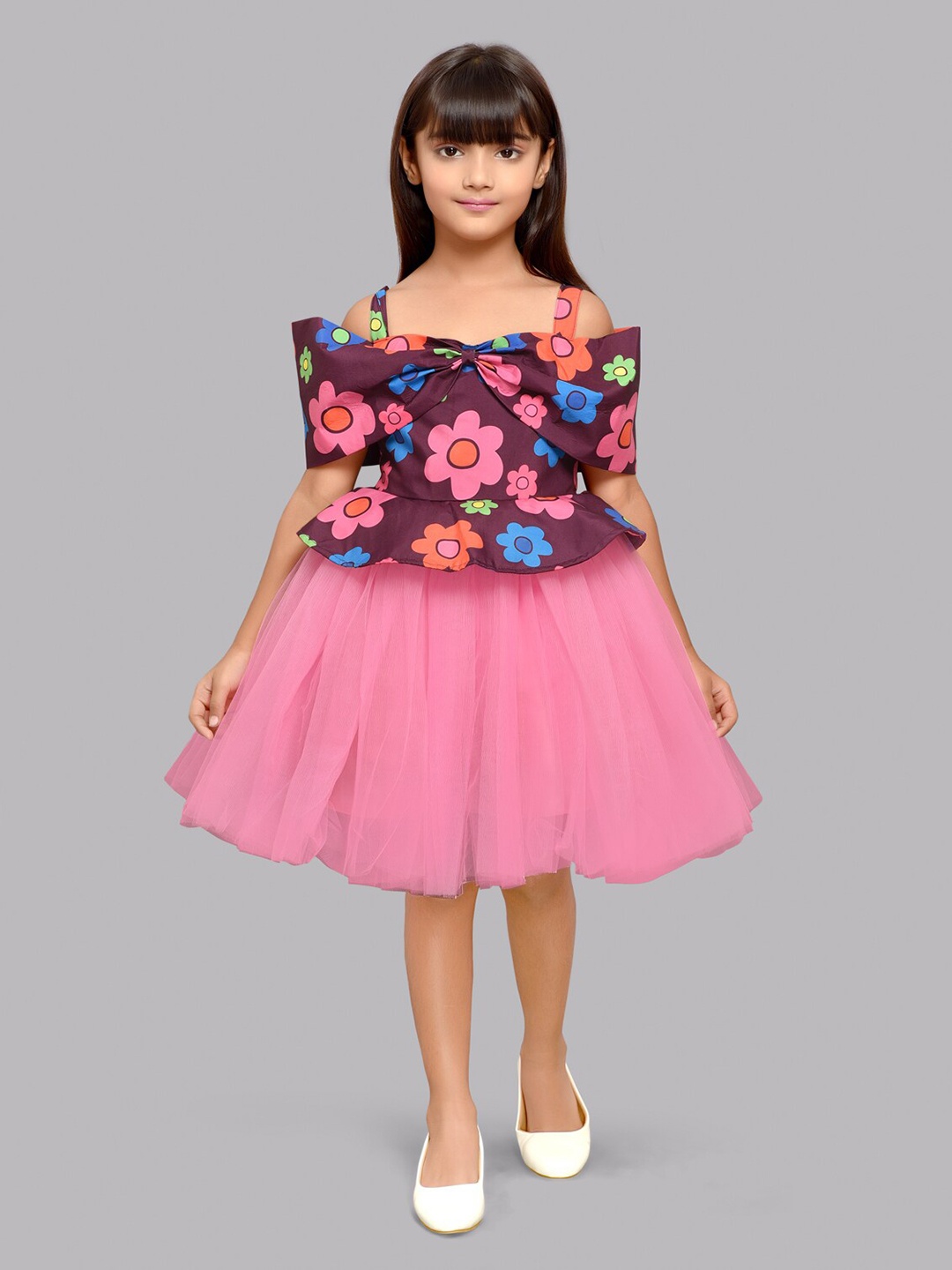 

Pink Chick Girls Floral Printed Cold Shoulder Sleeves Bow Detail Fit & Flare Dress, Burgundy