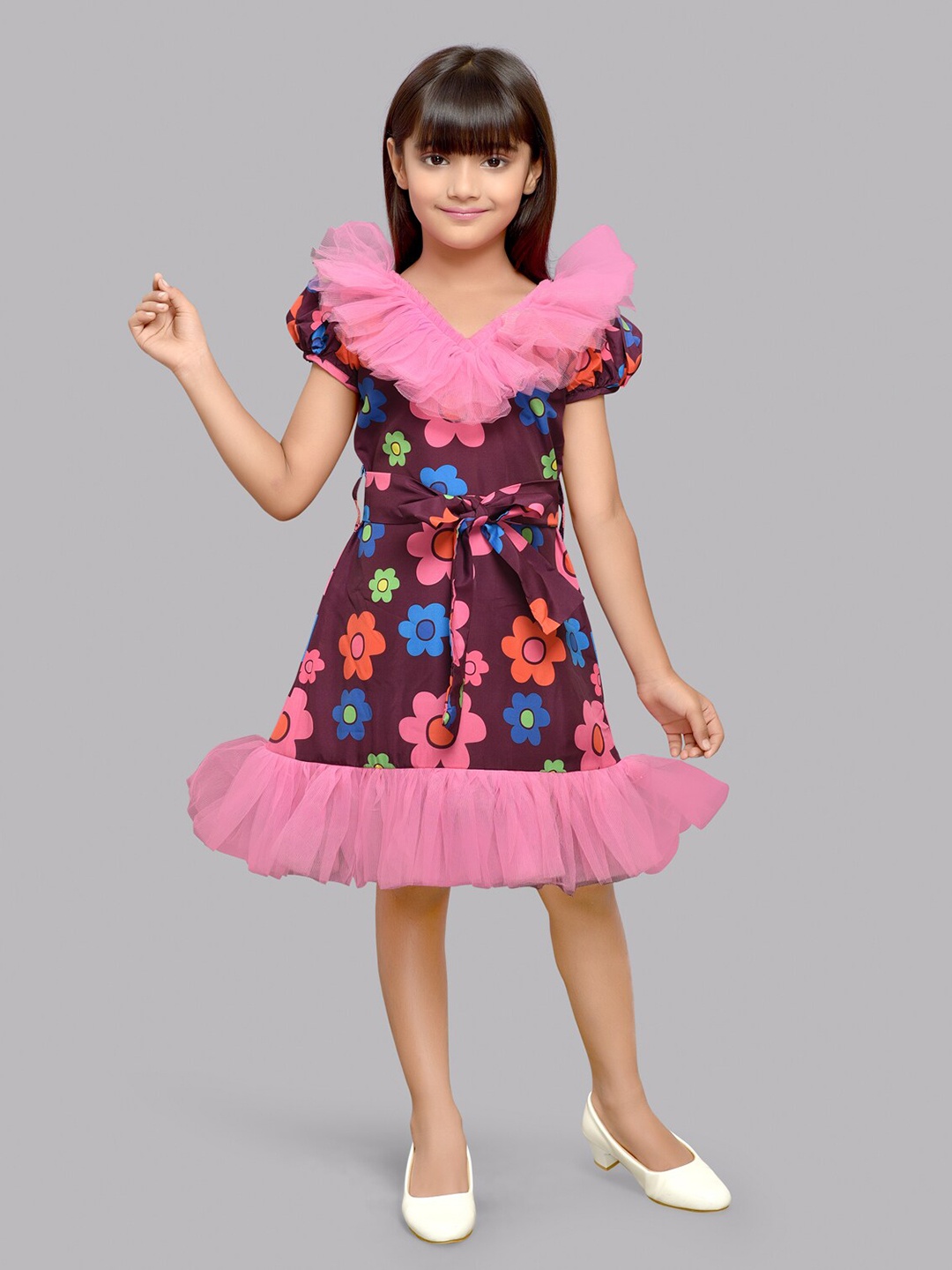 

Pink Chick Girls Floral Printed Puff Sleeves Ruffled A-Line Dress With Belt, Burgundy