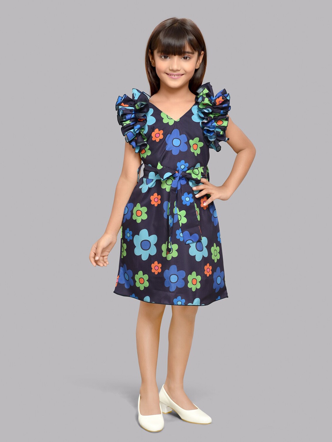 

Pink Chick Floral Printed Flutter Sleeves Tie Ups A-Line Dress With Belt, Navy blue