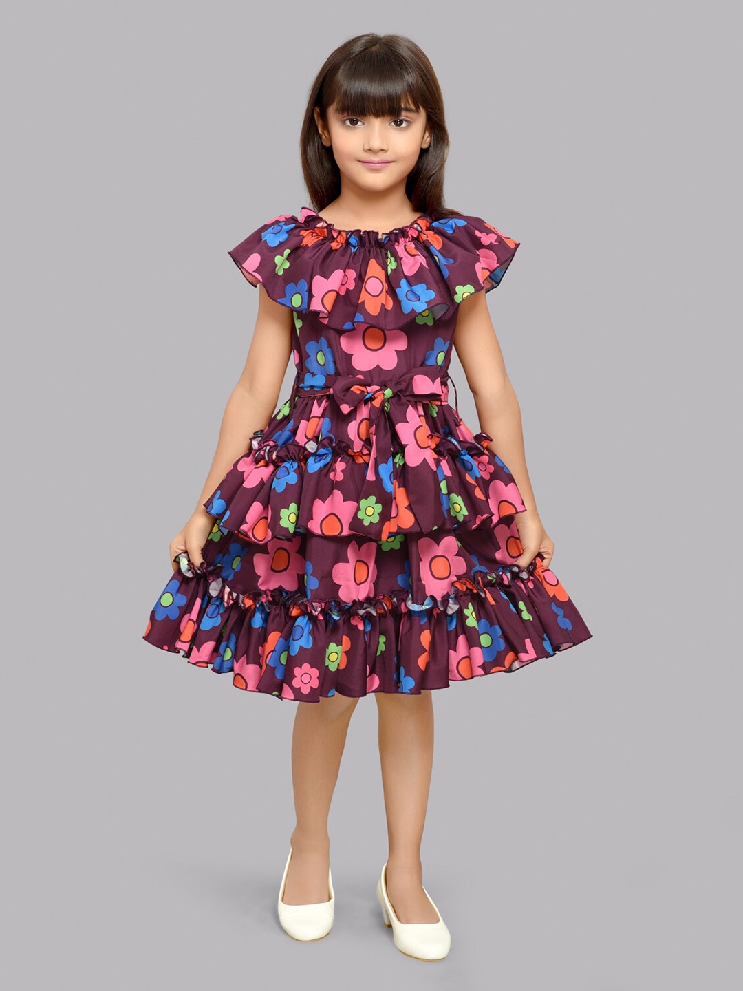 

Pink Chick Girls Floral Printed Layered Detail Fit & Flare Dress, Burgundy