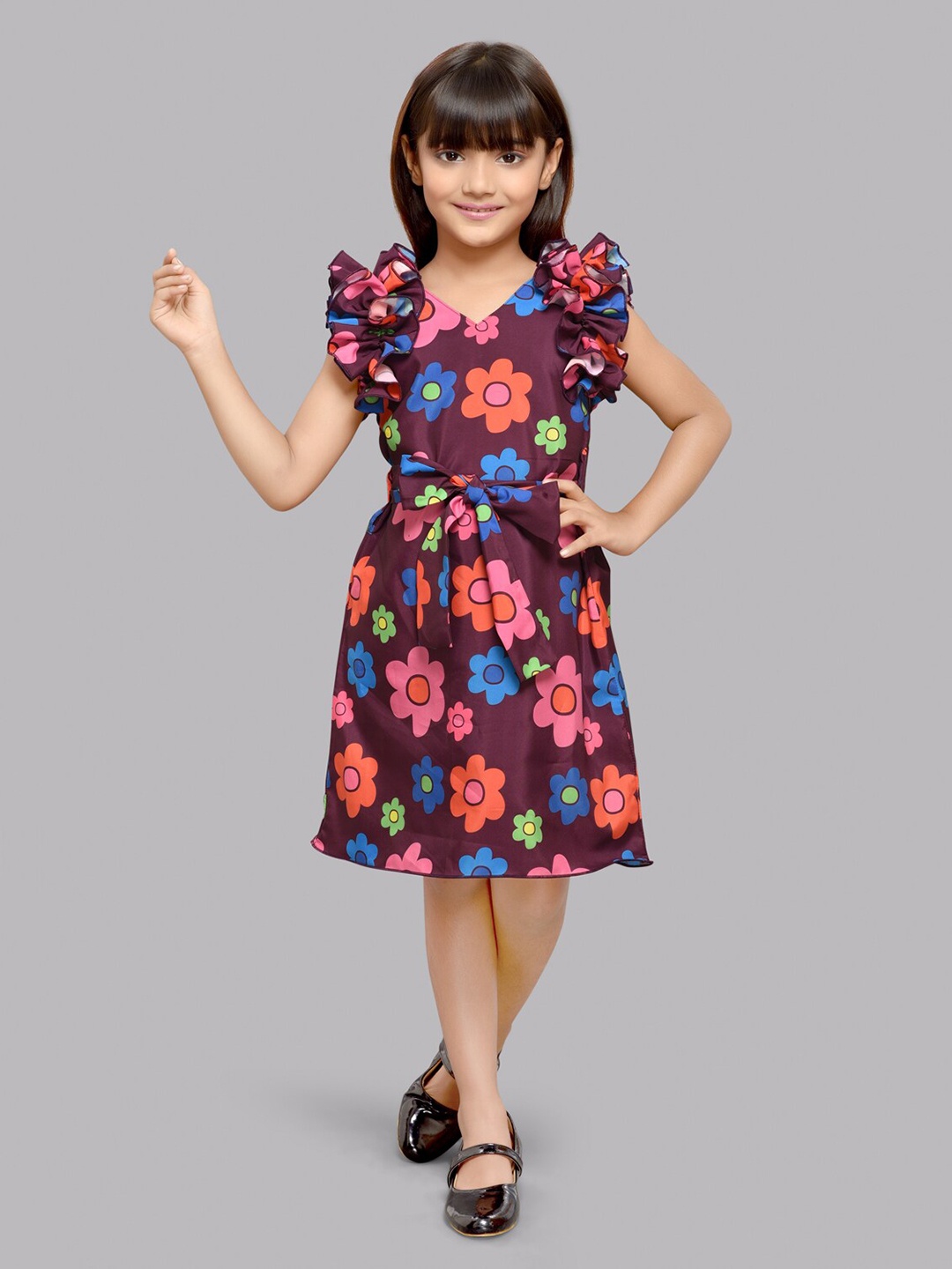 

Pink Chick Girls Floral Printed V-Neck Flutter Sleeve Belted Fit & Flare Dress, Burgundy