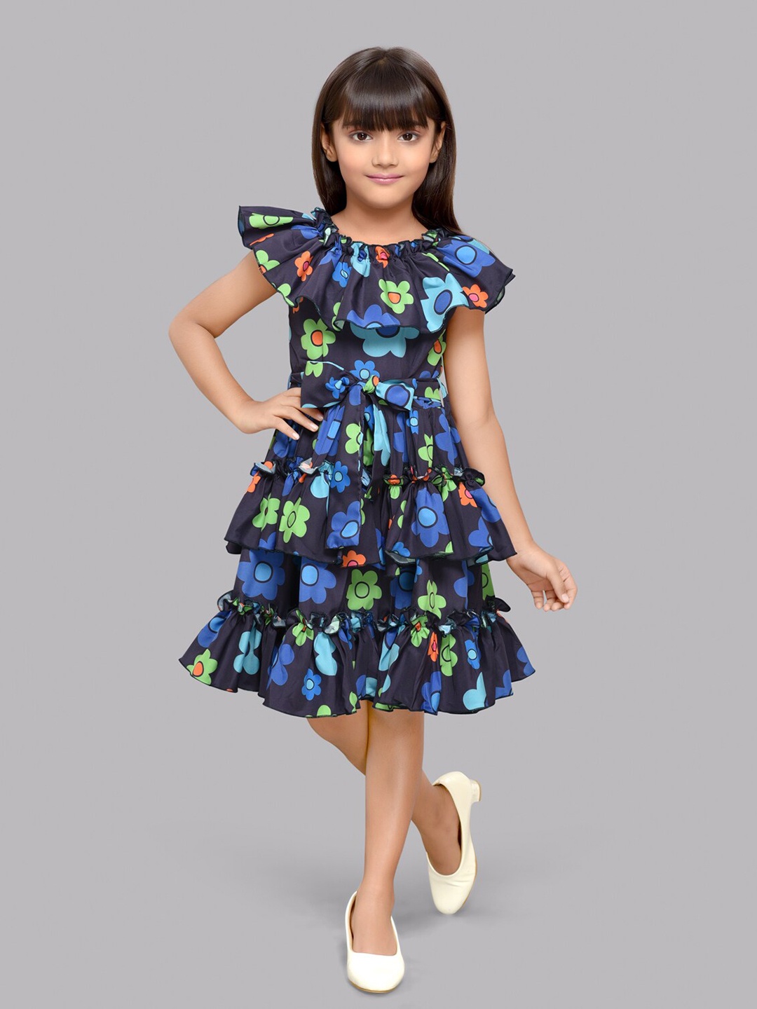 

Pink Chick Girls Floral Printed Layered Detail Fit & Flare Dress, Navy blue