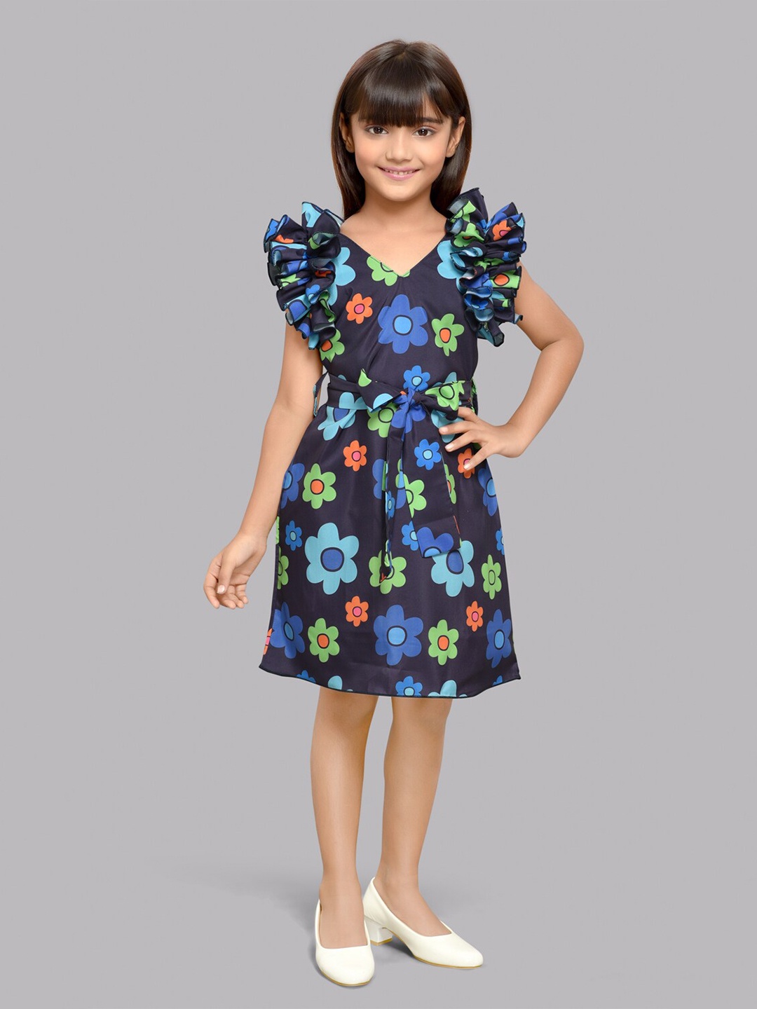 

Pink Chick Girls Floral Printed Flutter Sleeves A-Line Dress, Navy blue