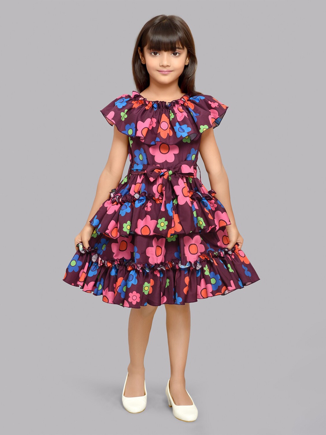 

Pink Chick Girls Floral Printed Tiered Detailed Cape Sleeves Fit & Flare Dress, Burgundy