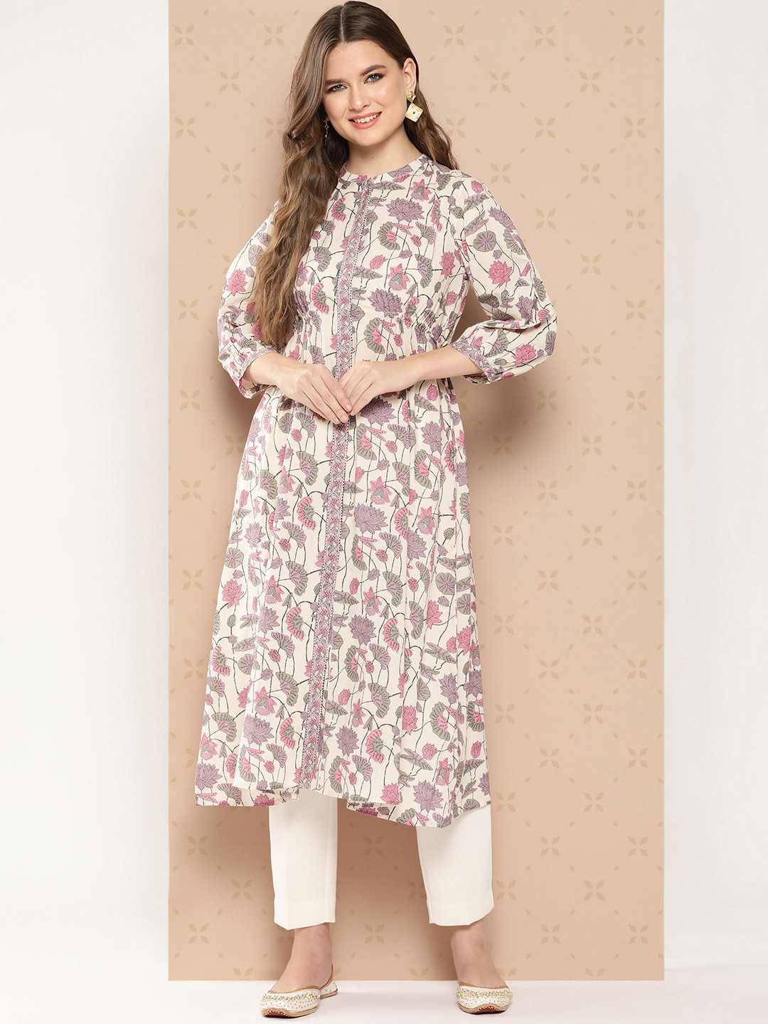 

Janasya Floral Printed Puff Sleeves Mandarin Collar Kurta, Multi