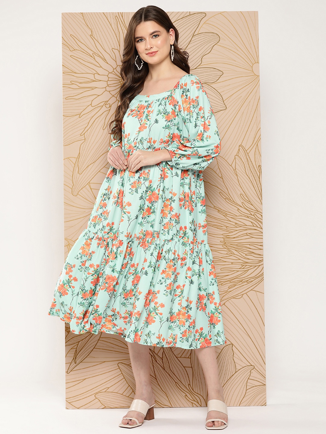 

Janasya Floral Print Puff Sleeve A-Line Midi Dress, Turquoise blue