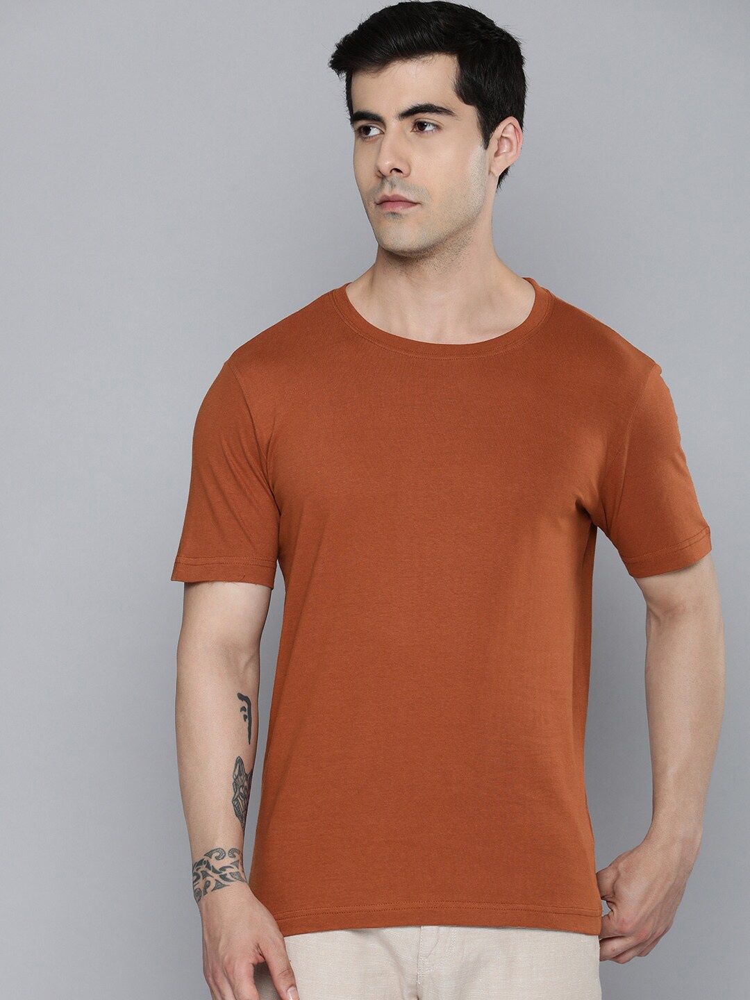 

Mast & Harbour Orange Round Neck Regular Fit Cotton T-shirt