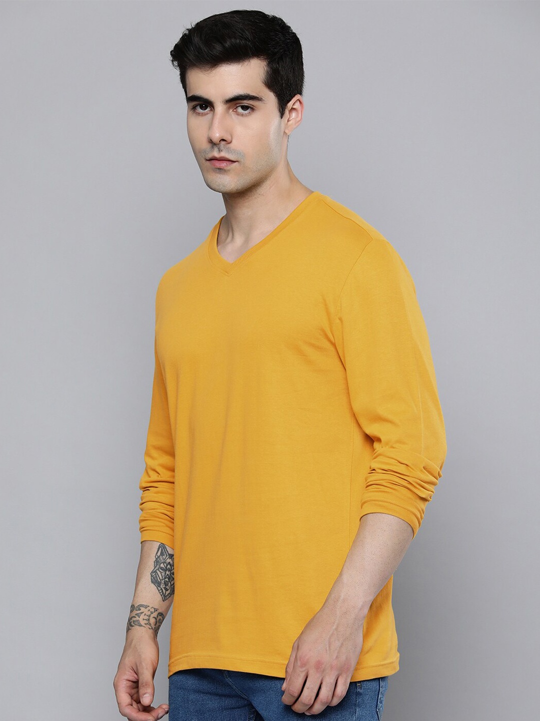 

Mast & Harbour Yellow V-Neck Long Sleeves Regular Fit Cotton T-shirt
