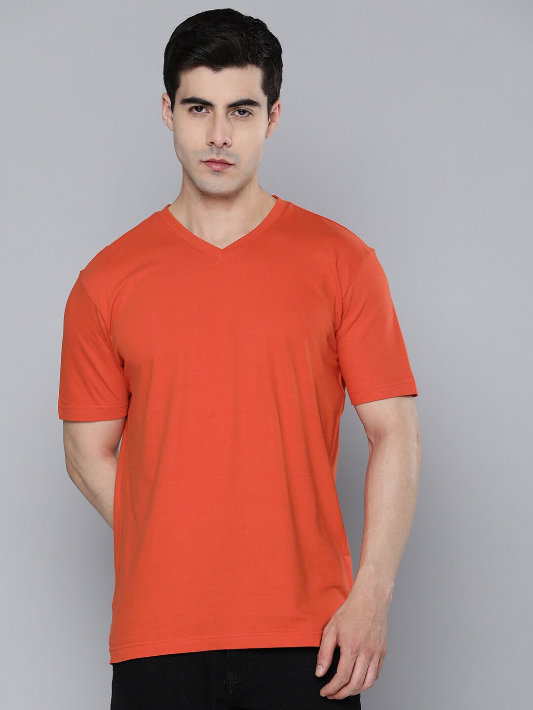 

Mast & Harbour Orange-Coloured V-Neck Regular Fit Cotton T-shirt
