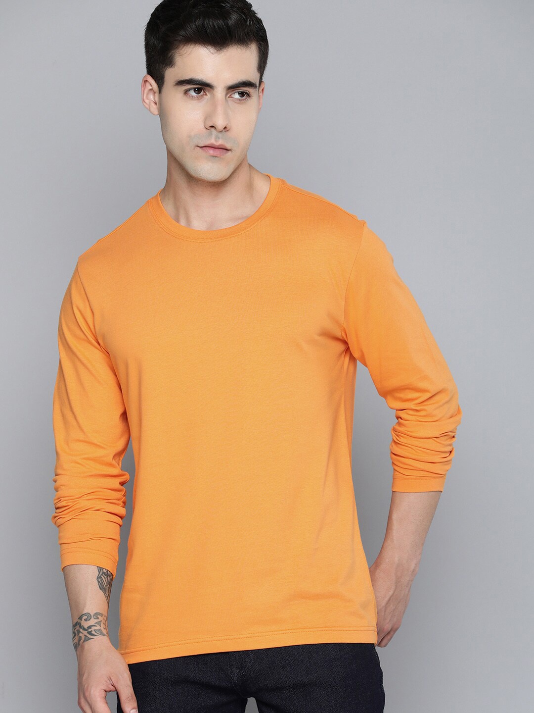 

Mast & Harbour Orange Round Neck Regular Fit Cotton T-shirt