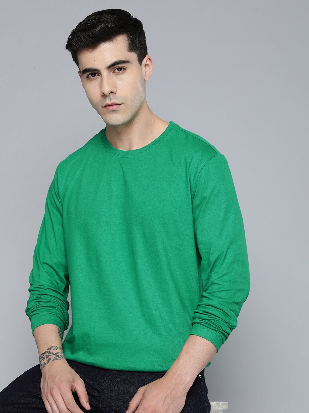 

Mast & Harbour Green Round Neck Regular Fit Cotton T-shirt