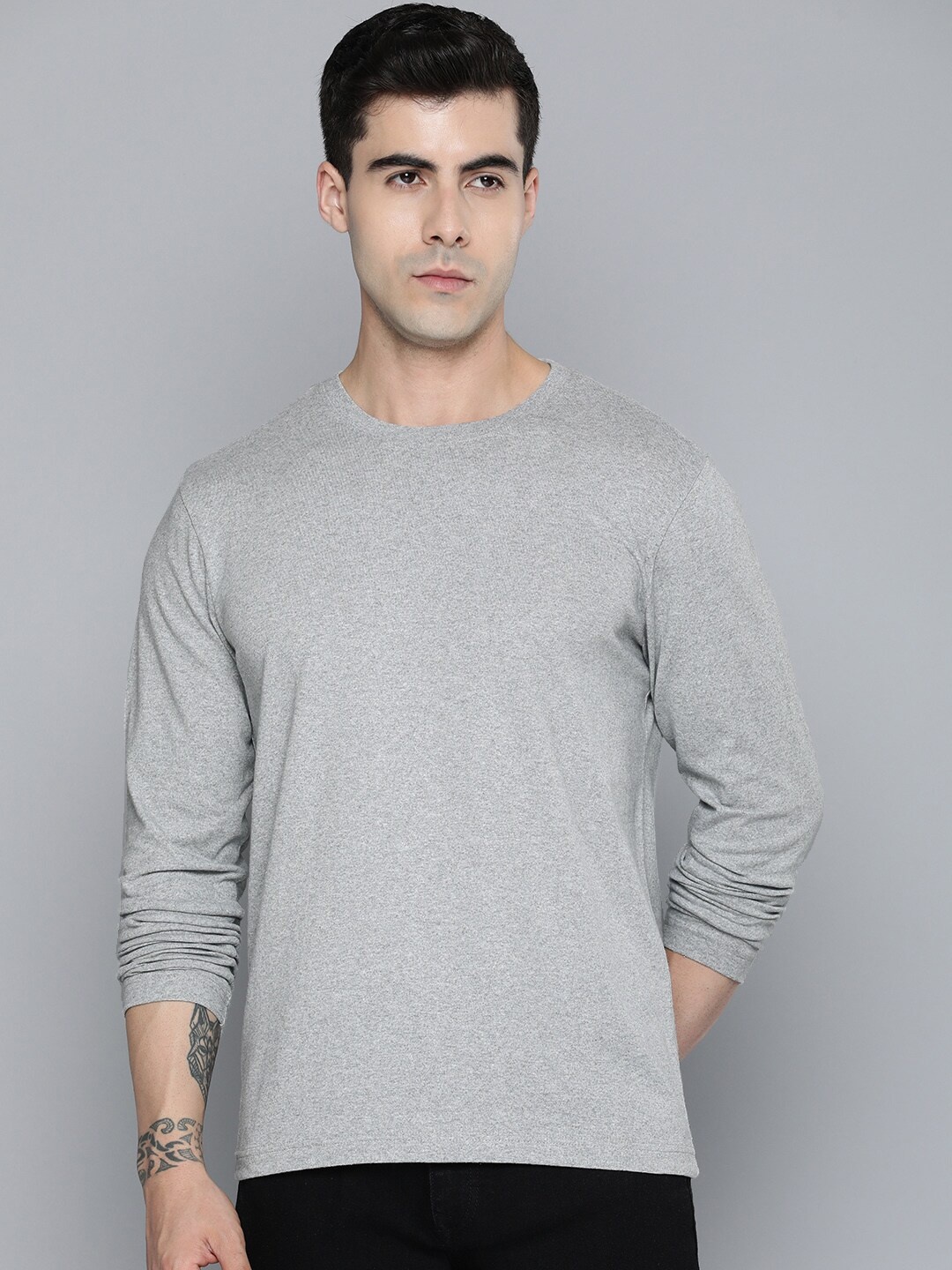 

Mast & Harbour Grey Melange Round Neck Cotton T-shirt