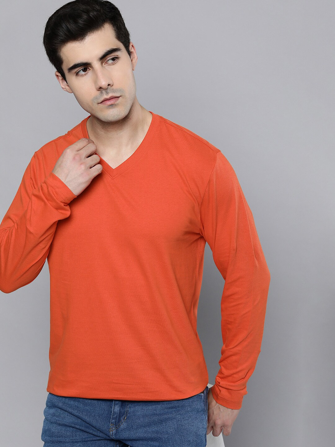 

Mast & Harbour Orange V-Neck Long Sleeves Cotton T-shirt