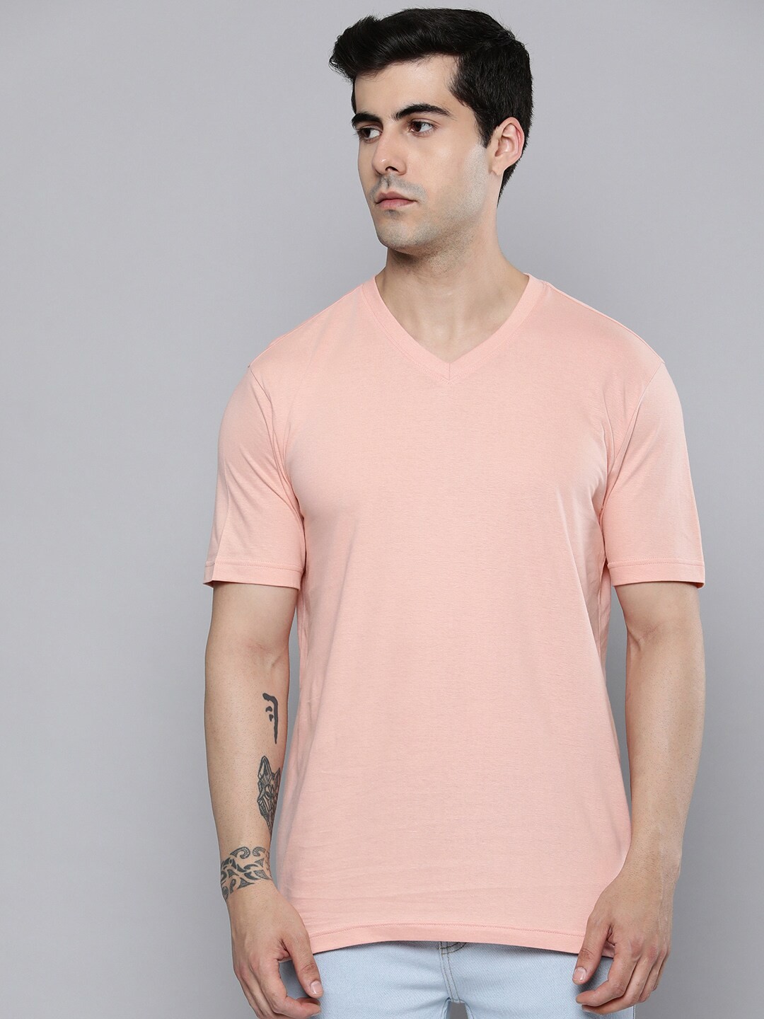 Mast & Harbour Peach Coloured V-Neck Cotton T-Shirt