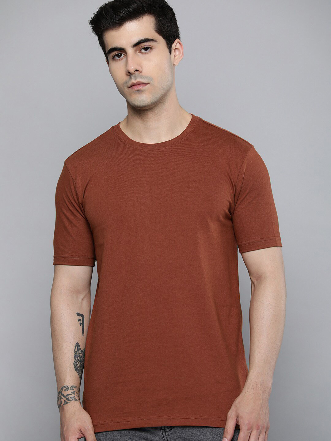 

Mast & Harbour Brown Round Neck Cotton Regular T-shirt
