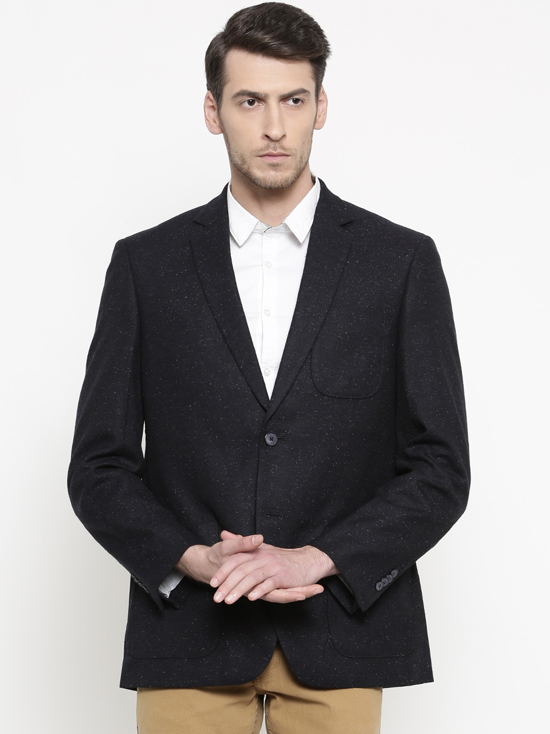 

ColorPlus Navy Custom Slim Fit Self-Design Single-Breasted Smart-Casual Blazer, Navy blue