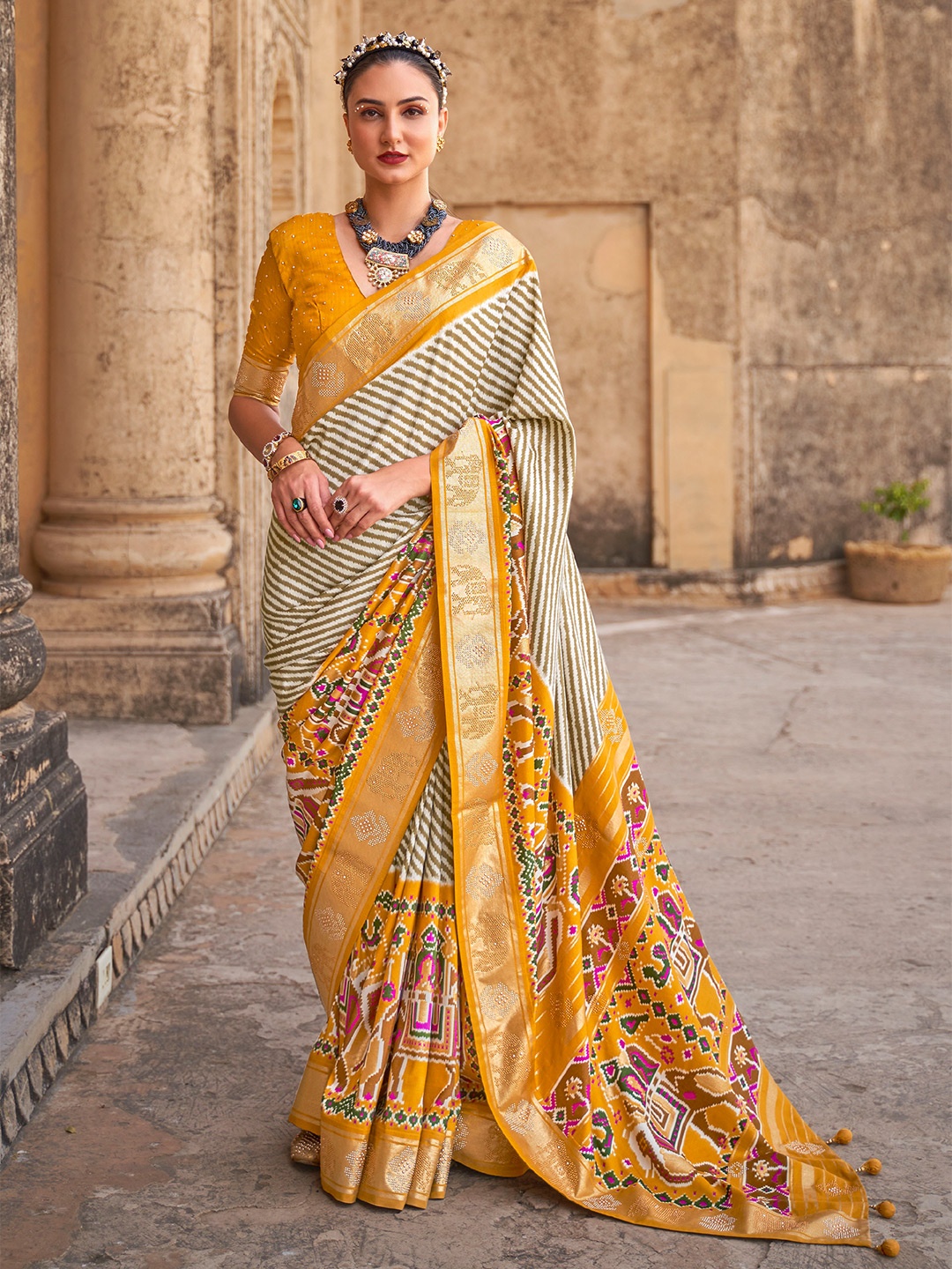 

Mitera Brown & Yellow Striped Beads And Stones Patola Saree, White
