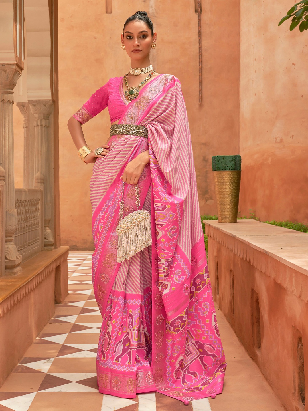 

Mitera Pink & White Striped Beads And Stones Patola Saree