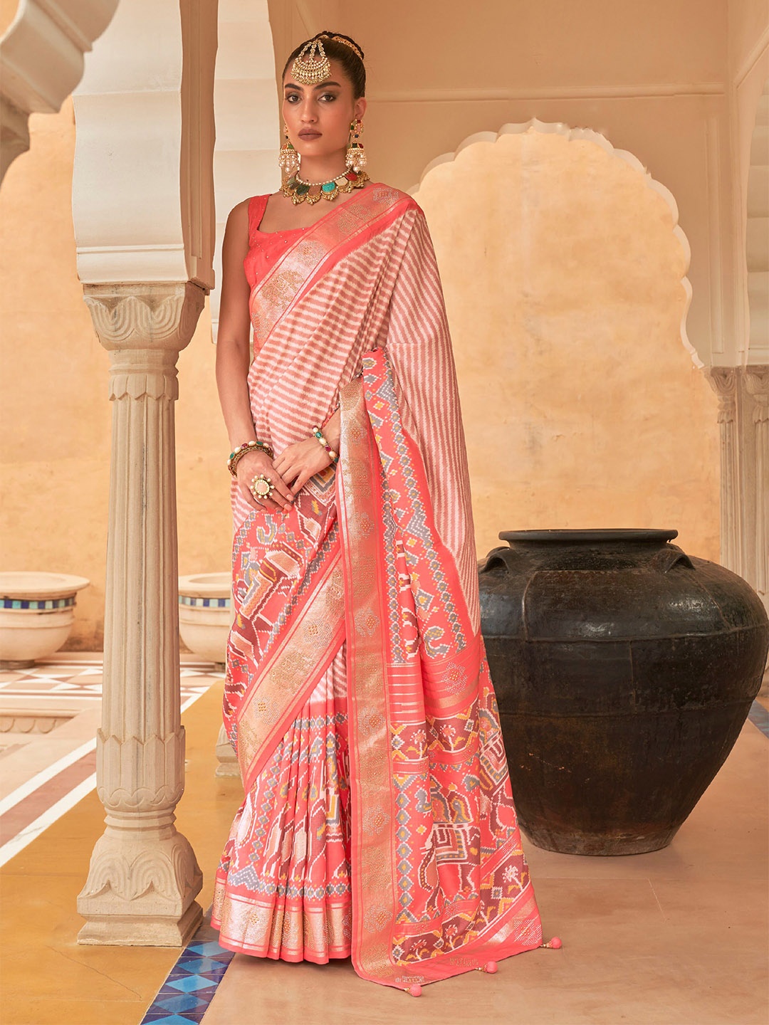 

Mitera Coral & Gold-Toned Striped Beads And Stones Patola Saree
