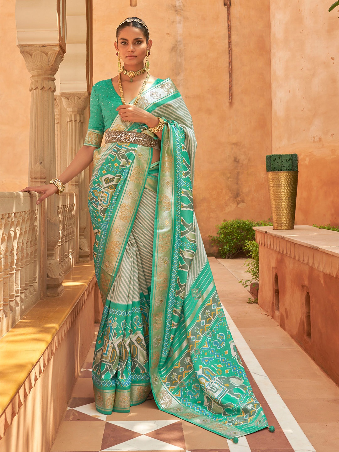 

Mitera Green & White Striped Beads And Stones Patola Saree, Sea green