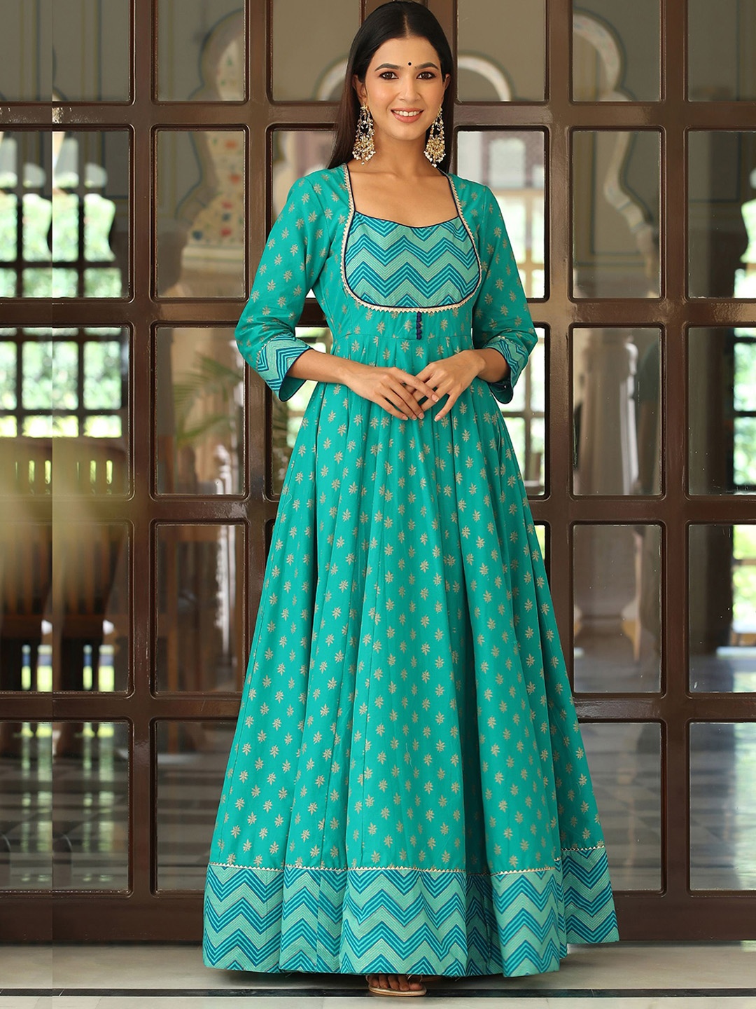 

GILLORI Ethnic Motifs Printed Cotton Anarkali Maxi Dress, Green