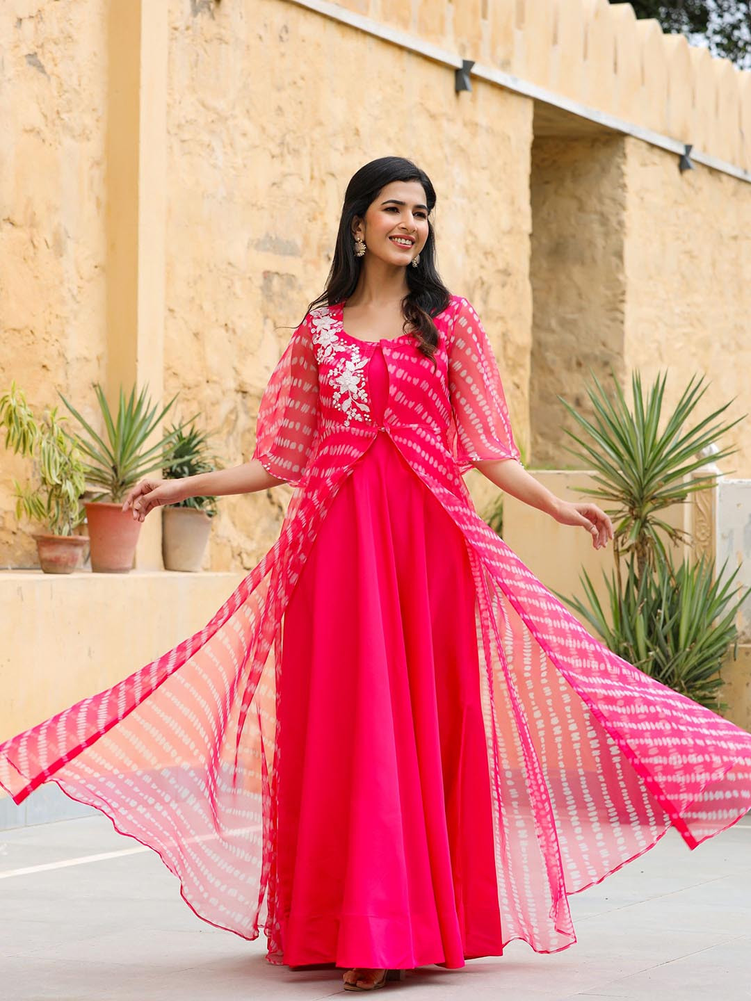 

GILLORI Embellished Jacket Pure Cotton Fit & Flare Maxi Ethnic Dresses, Pink