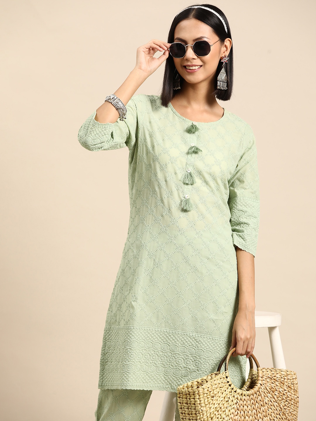 Sangria Floral Embroidered Regular Thread Work Pure Cotton Kurti with Trousers, Green