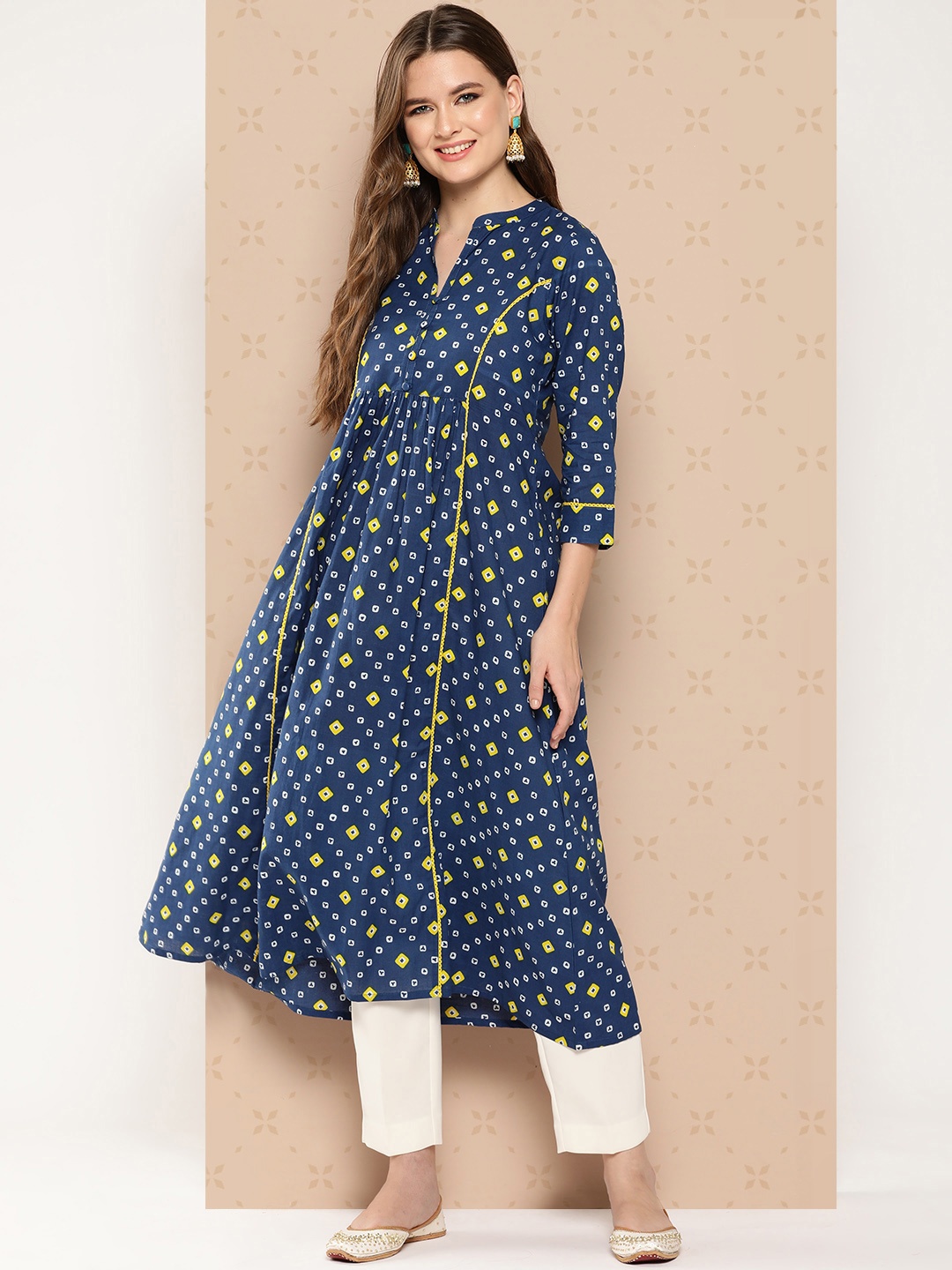 

Janasya Women's Blue Cotton Bandhani Printed A-Line Kurta, Navy blue