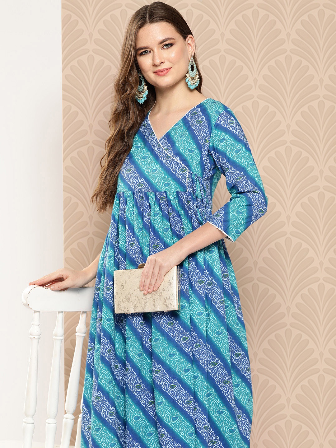 

Janasya Women Bandhani Printed Angrakha Pure Cotton Kurta with Trousers, Blue