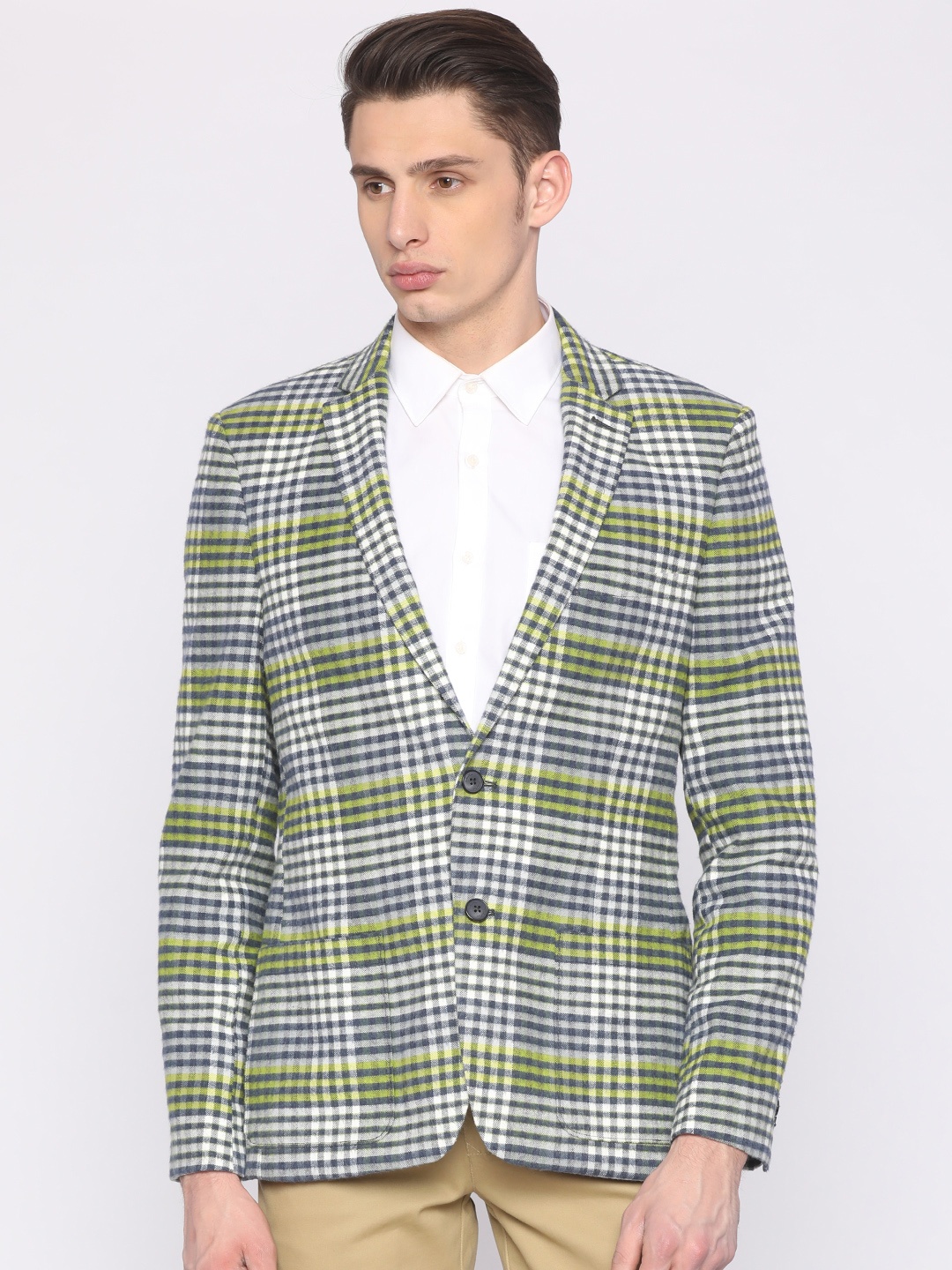 

ColorPlus Men White & Blue Checked Tailored Contemporary Fit Smart Casual Blazer
