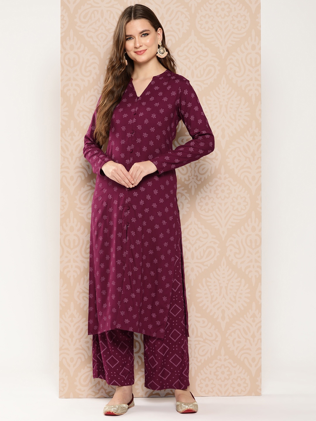 

Janasya Women Floral Print Viscose Rayon Kurta with Palazzo, Maroon