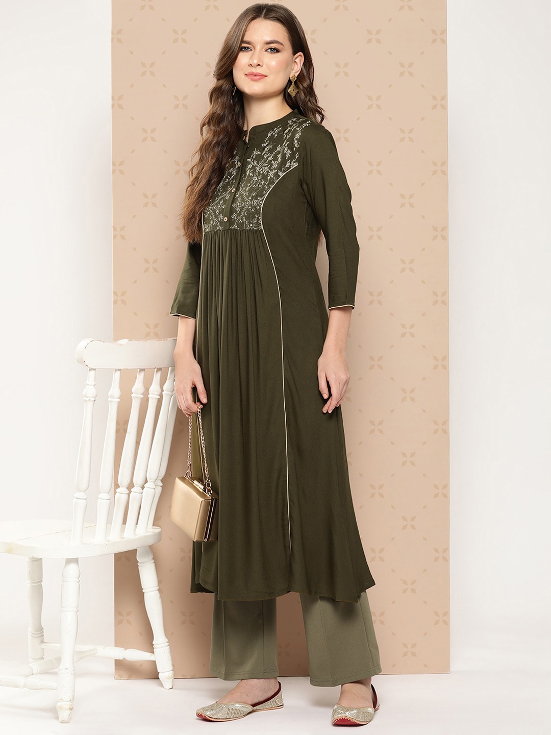 

Janasya Women Yoke Design Floral Embroidered Viscose Rayon Pleated A-Line Kurta, Olive