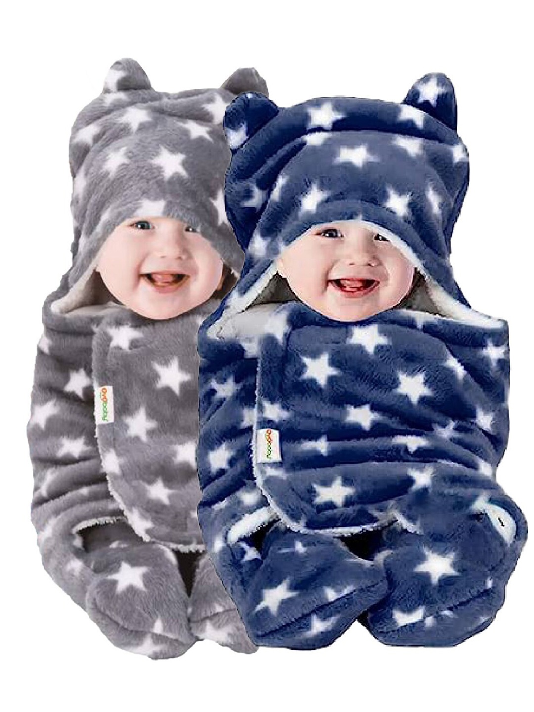 

OyO Baby Blue & Grey Infants Kids Printed 3 In 1 Hooded Baby Blanket Wrapper