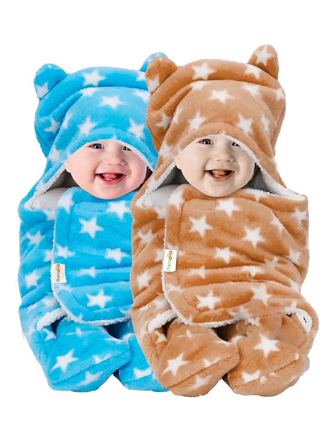 

OyO Baby Infants Kids Beige & Blue 2 Pieces Printed 3 In 1 Hooded Baby Blanket Wrapper