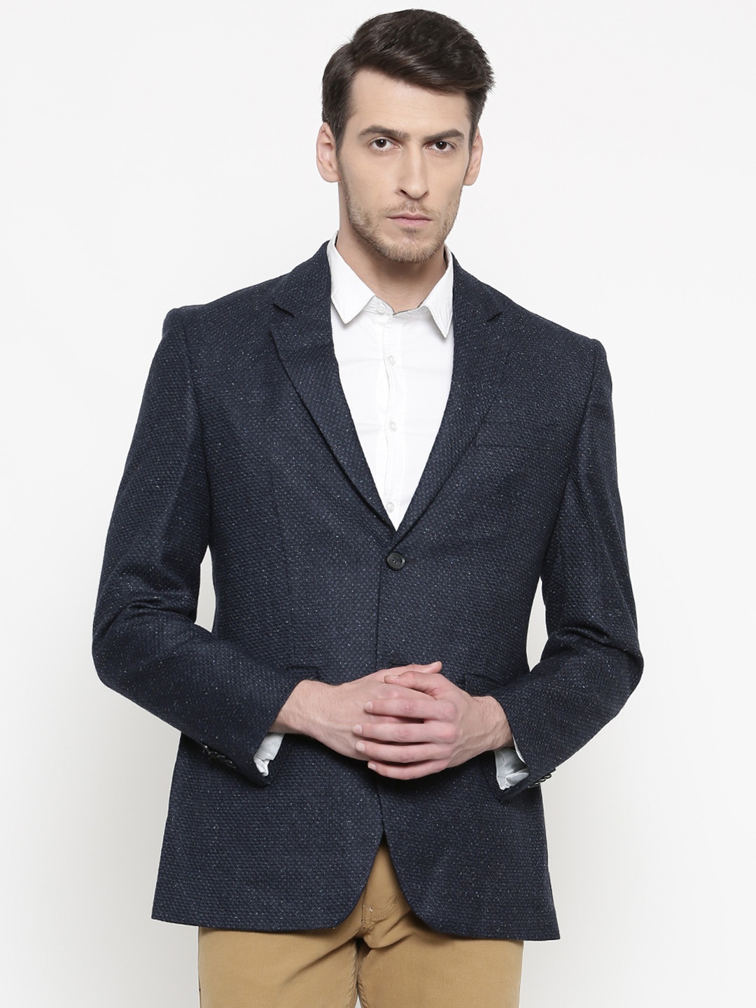 

ColorPlus Navy Custom Slim Fit Self-Design Single-Breasted Smart-Casual Blazer, Navy blue